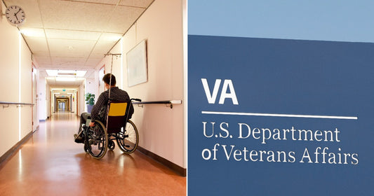 On the left, a person in a wheelchair moves down a hospital corridor; on the right, a U. S.