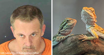 Mugshot of a man next to an image of two bearded dragons resting on a branch.