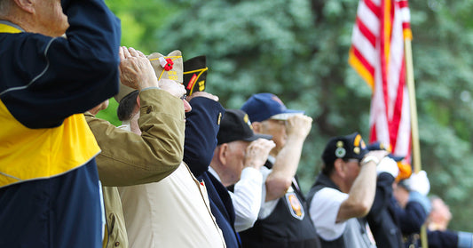 Veterans salute in a ceremony, honoring service and sacrifice, with an American flag in view.