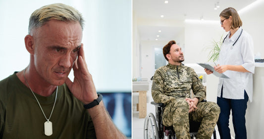 On the left, a distressed middle-aged man in a military dog tag holds his head in pain; on the right, a soldier in a wheelchair consults with a doctor in.