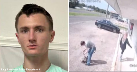 Left: Mugshot of a man labeled Lacy Lakeview Police Department; Right: Surveillance image of a person handling a small animal near a parked car.