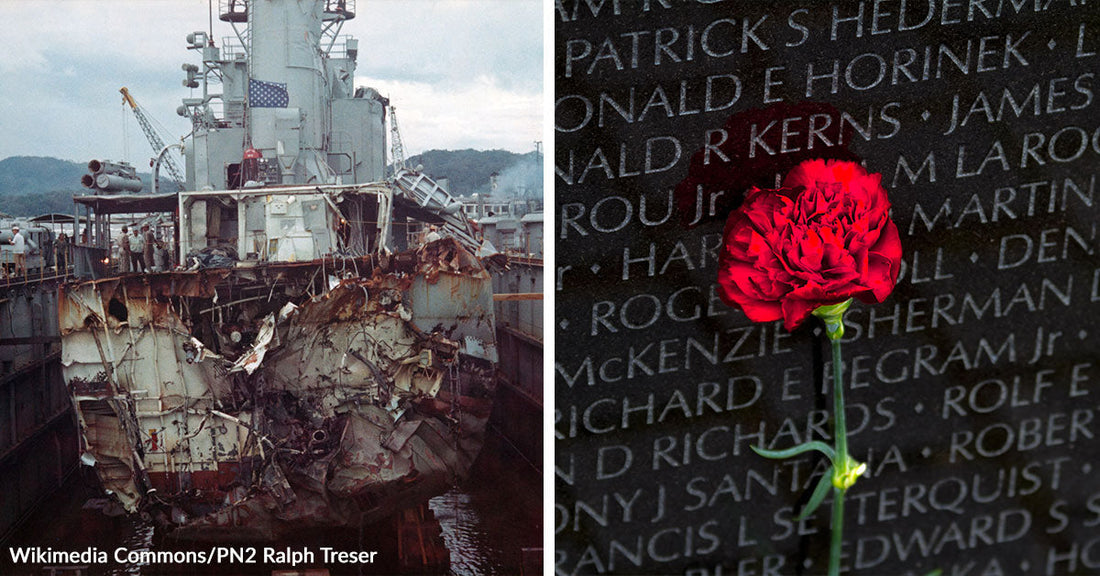 Split image showing a heavily damaged naval ship in dry dock on the left and a vivid red carnation placed against engraved names on the Vietnam Veterans Memorial wall on the right.