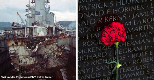 Split image showing a heavily damaged naval ship in dry dock on the left and a vivid red carnation placed against engraved names on the Vietnam Veterans Memorial wall on the right.