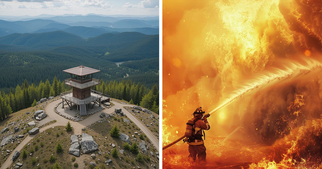 Split image showing a mountain fire lookout tower on one side and a firefighter battling intense flames on the other.