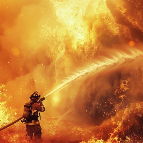 Firefighter in protective gear sprays a powerful stream of water toward a towering wall of flames and smoke.