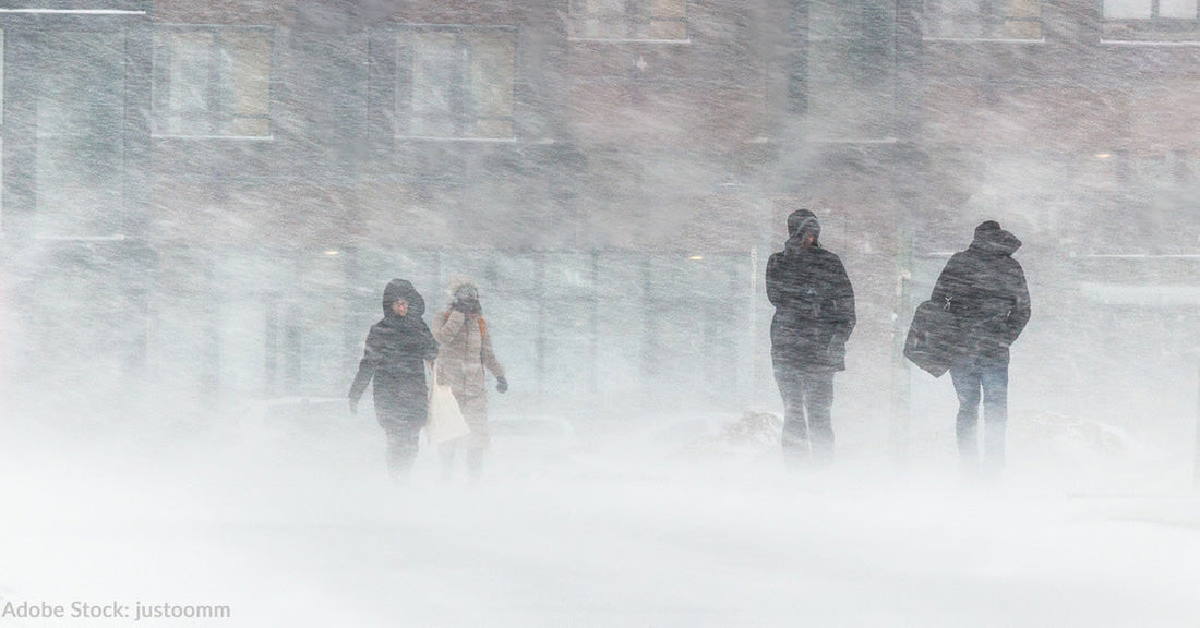 people walking across street in winter storm