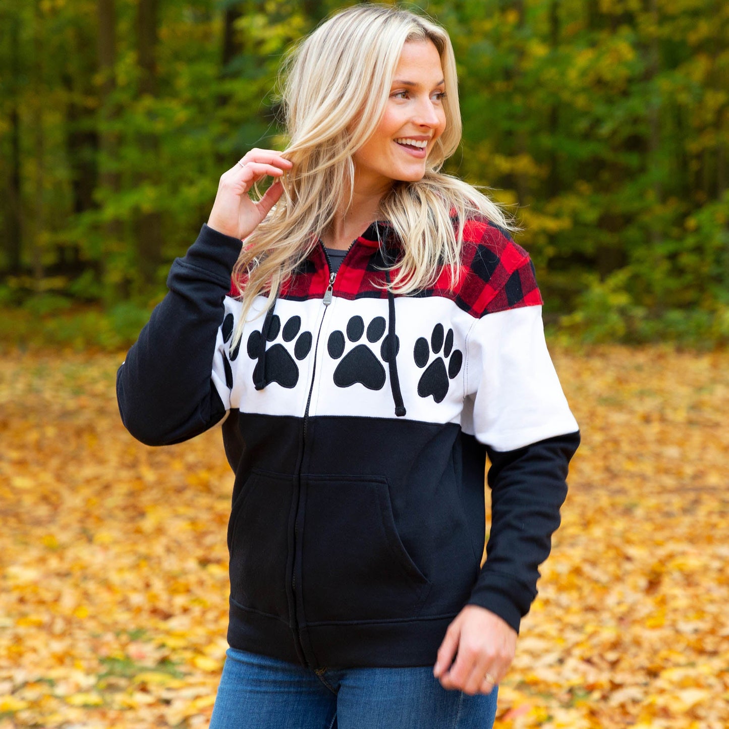 Paw Print Plaid Zip Hoodie