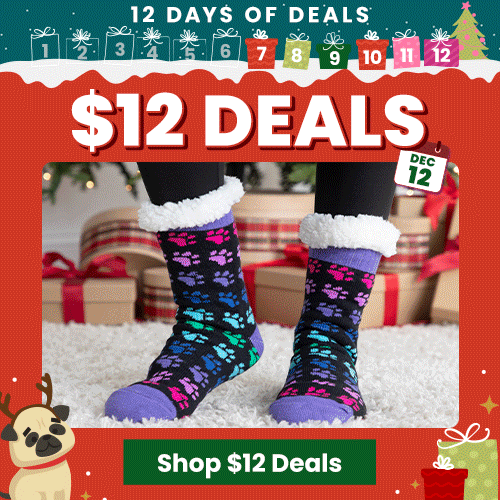 $12 Deals from The Animal Rescue Site and GreaterGood; proceeds help support shelter pets and more. Includes colorful paw-print sherpa socks in purple and multicolor holiday styles.