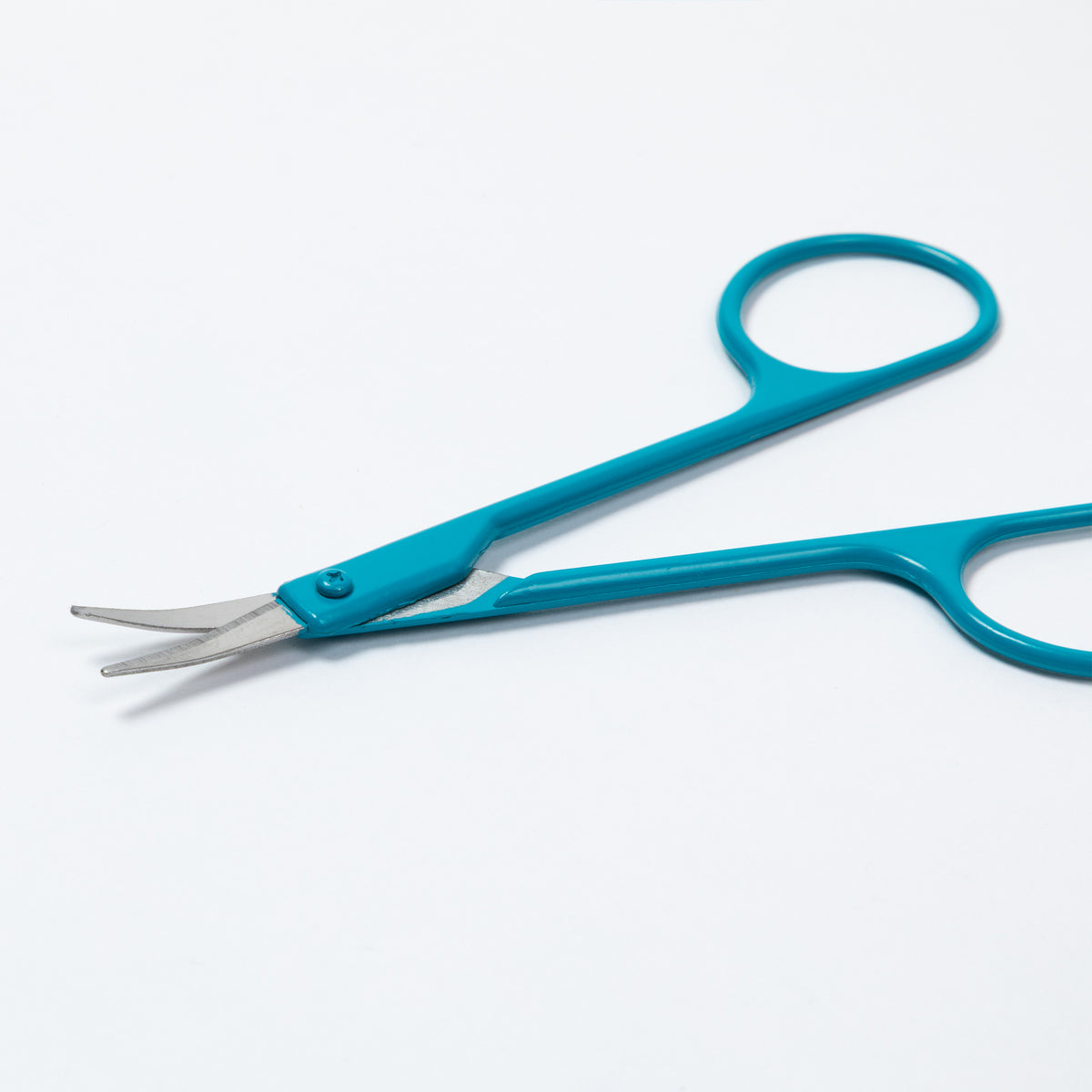 A pair of teal and silver nail scissors with loop handles, shown partially open on a clean white background.