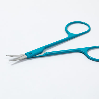 A pair of teal and silver nail scissors with loop handles, shown partially open on a clean white background.