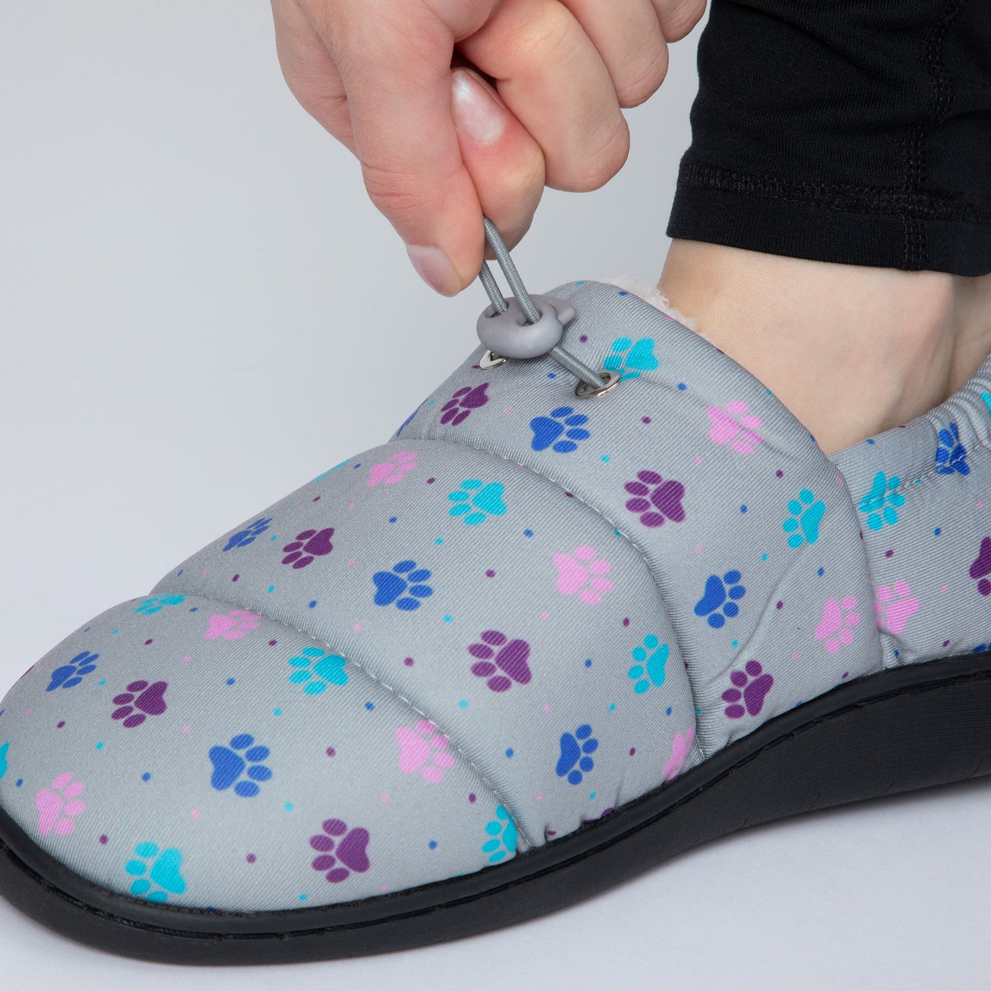 Paw Print Puffy Fleece-Lined Slippers with Toggle