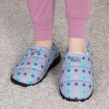 Paw Print Puffy Fleece-Lined Slippers with Toggle