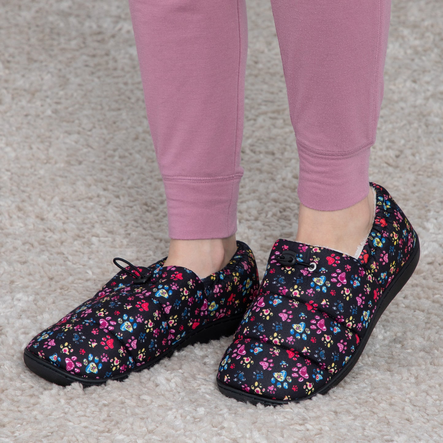 Paw Print Puffy Fleece-Lined Slippers with Toggle