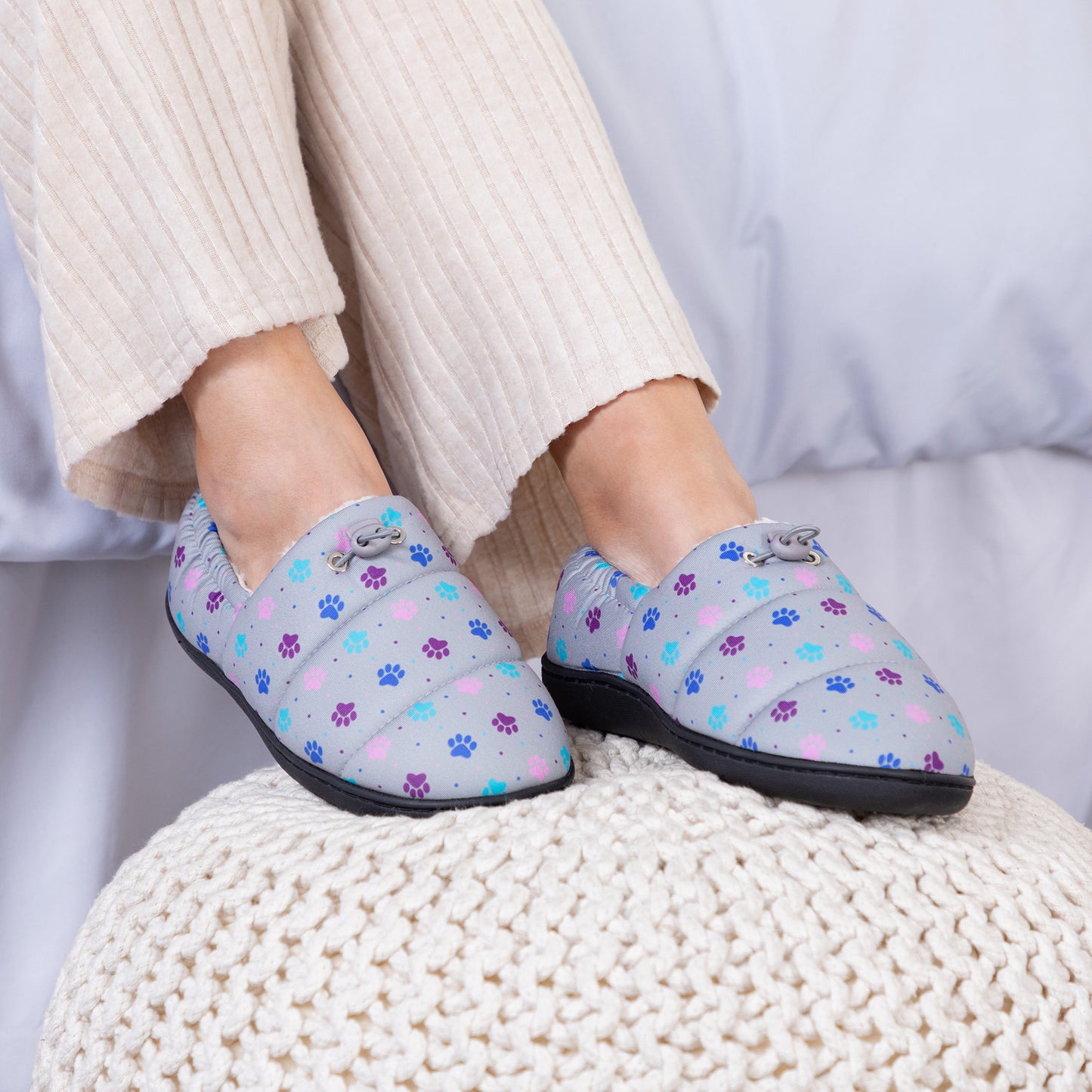 Paw Print Puffy Fleece-Lined Slippers with Toggle