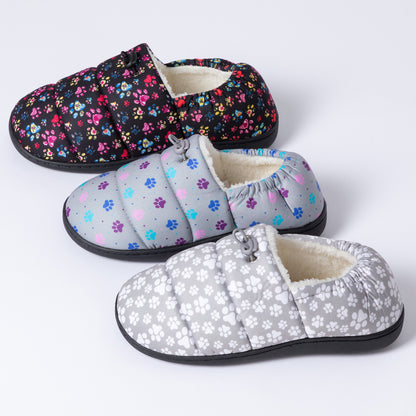 Paw Print Puffy Fleece-Lined Slippers with Toggle