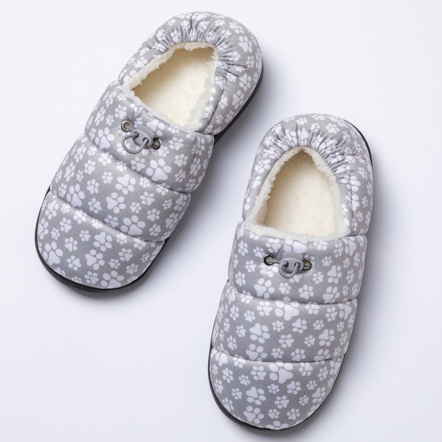 Paw Print Puffy Fleece-Lined Slippers with Toggle