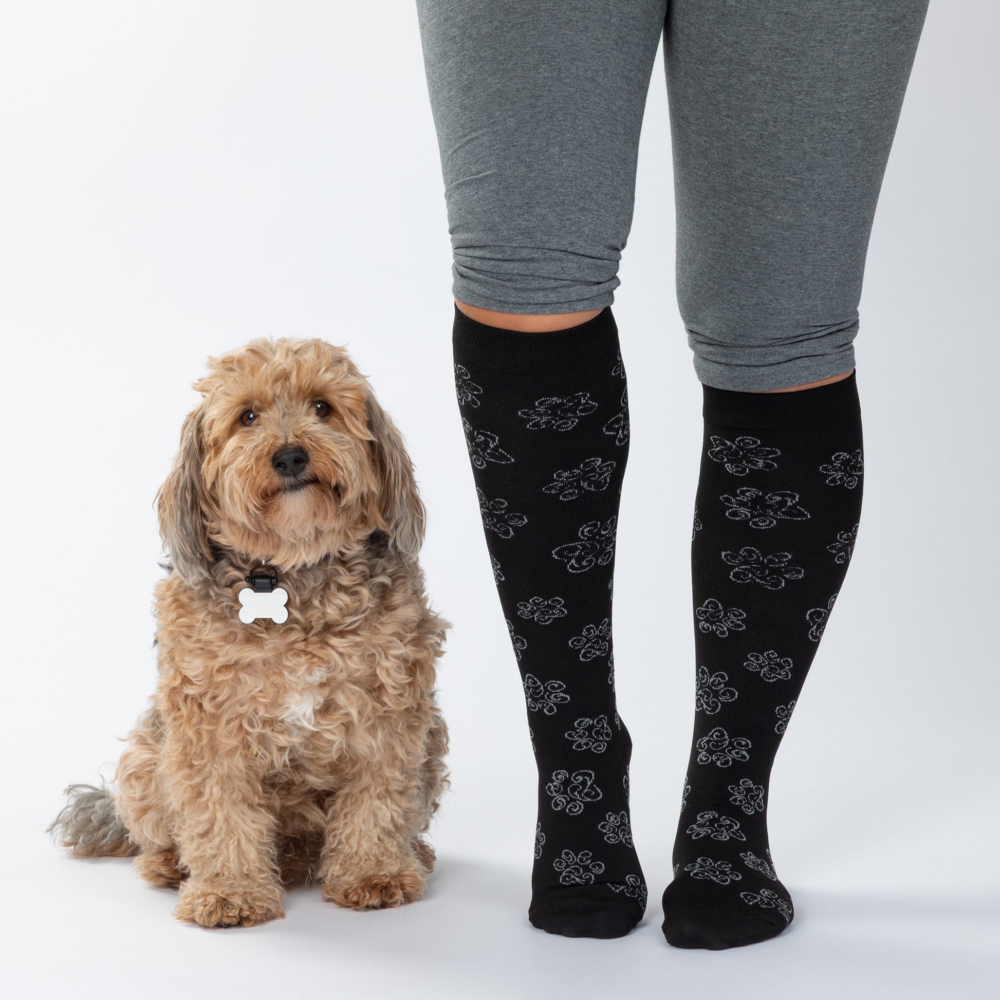 Person wearing black knee-high compression socks with a paw print pattern, standing next to a dog on a white background.