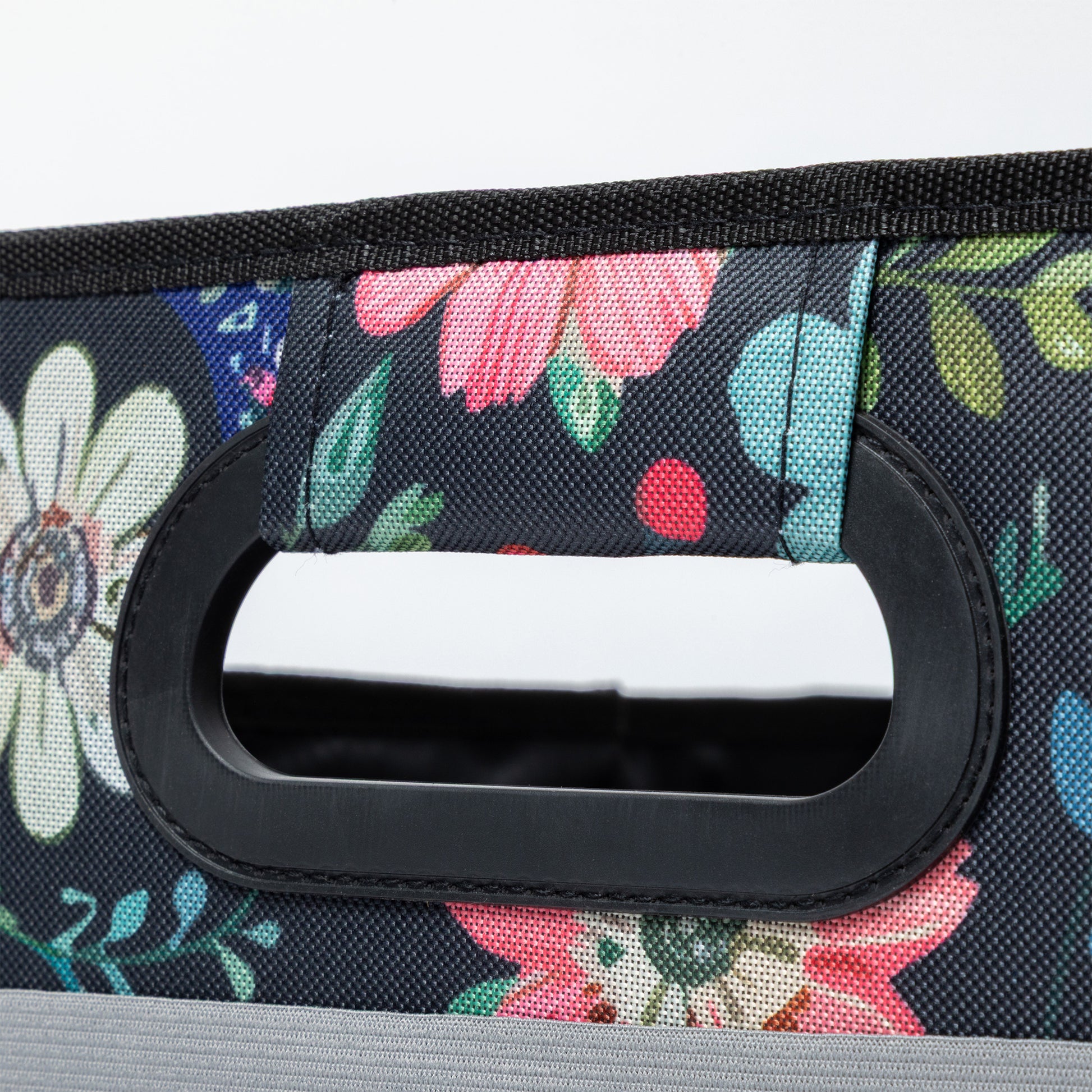 Close up of floral-patterned handle on a floral fabric background