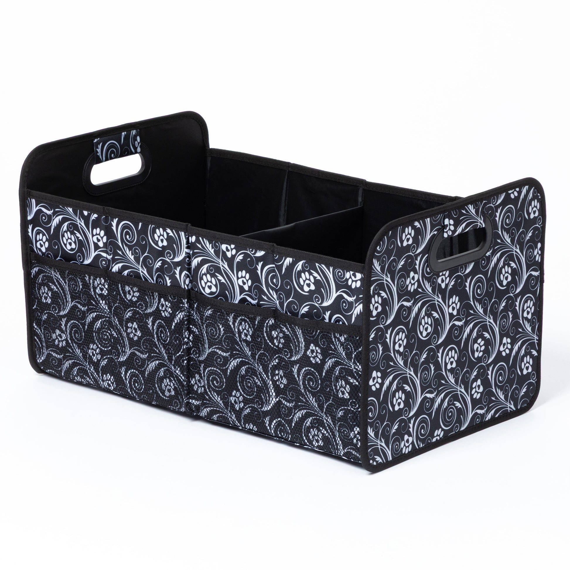 Black and white patterned storage bin with handles on a white background