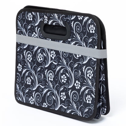 Black and white patterned bag with paw prints on a white background