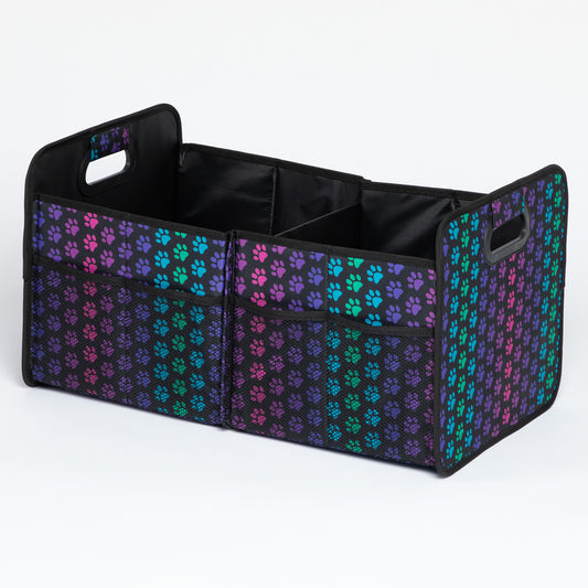 A multicolored foldable car trunk organizer with a paw print design.