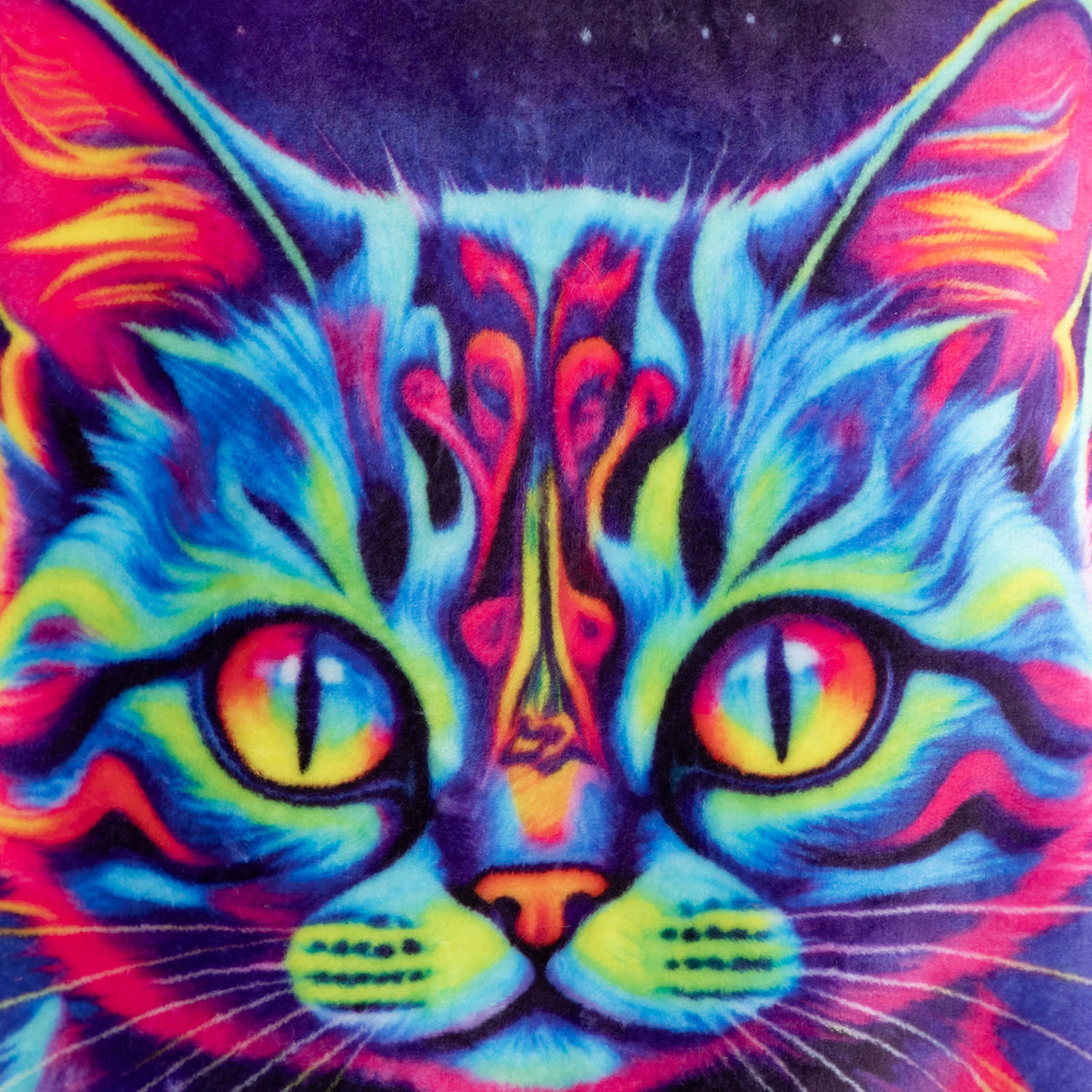 A close-up of a brightly colored cat face artwork with neon blue, pink, yellow, green, and purple tones, filling the frame.