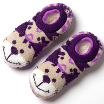 Pair of cat face slipper socks with purple and beige pattern on a white background, showing plush interior beige cat