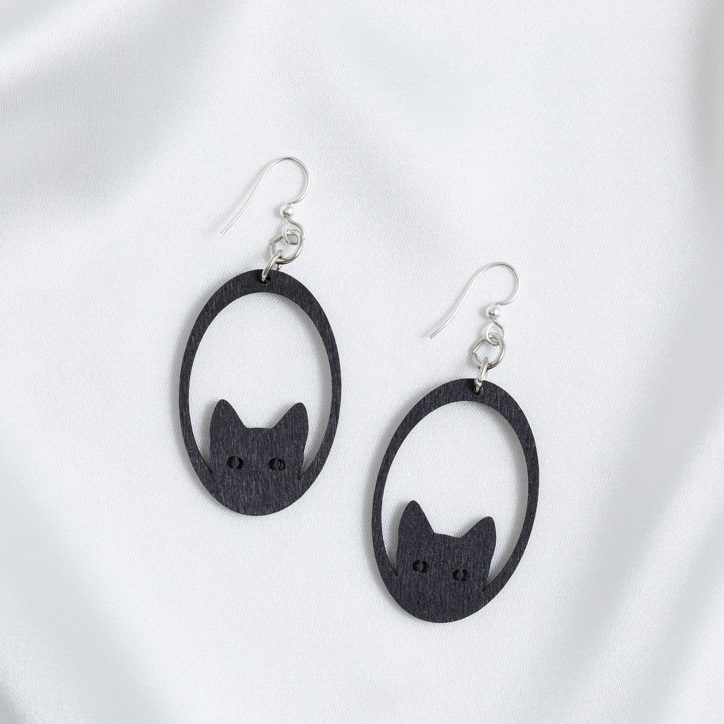 Sneaky Black Cat Wooden Earrings