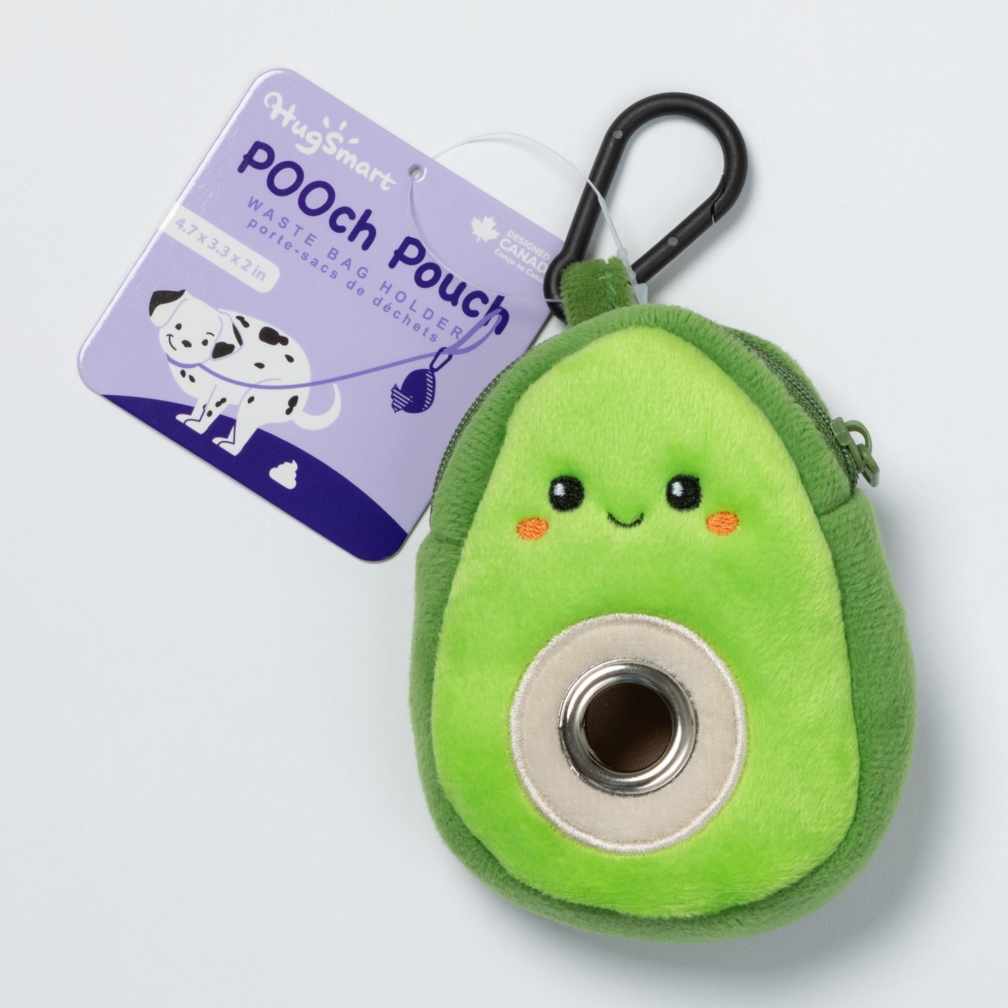 Green plush avocado-shaped keychain with a carabiner for pet waste bags on a light gray background.