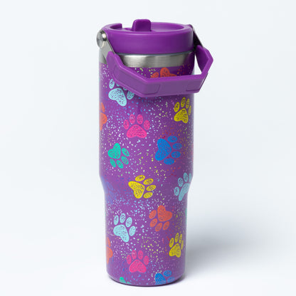 Paw Print Stainless Steel Tumbler with Flip Straw - 30 oz