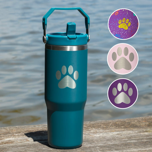 Paw Print Stainless Steel Tumbler with Flip Straw - 30 oz