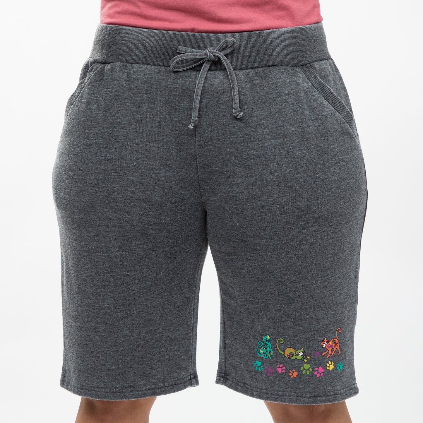 Gray shorts with colorful embroidery on a white background
