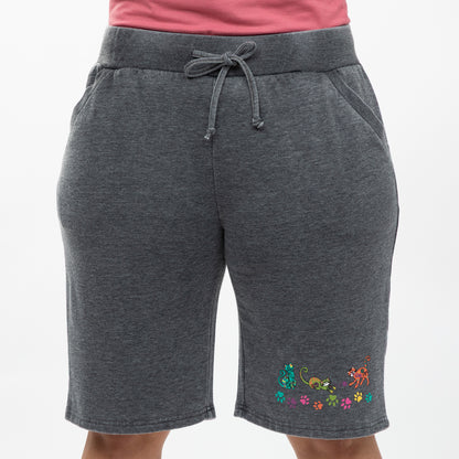 Gray shorts with colorful embroidery on a white background