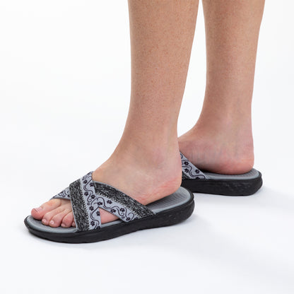 Black sandals with gray straps worn by a person on a white background