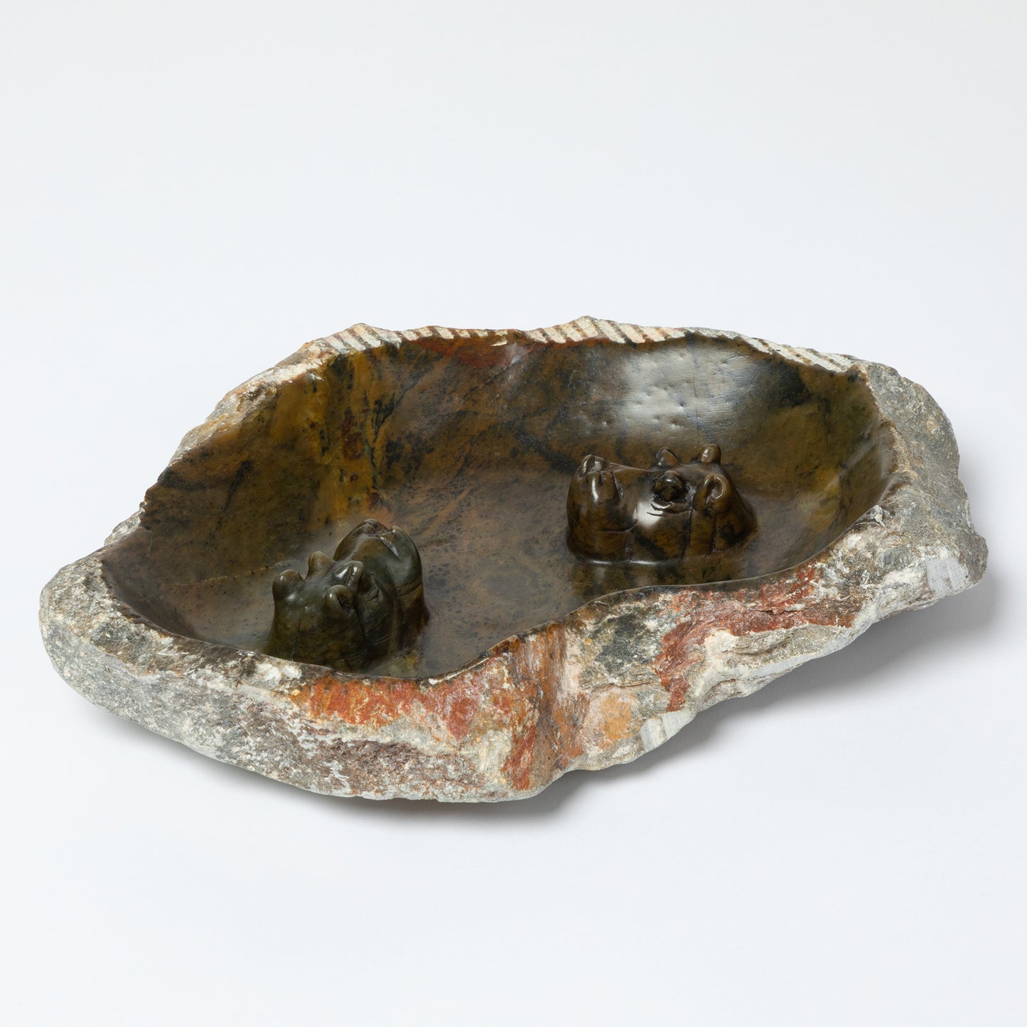 Hand-Carved Serpentine Stone Animal Birdbath