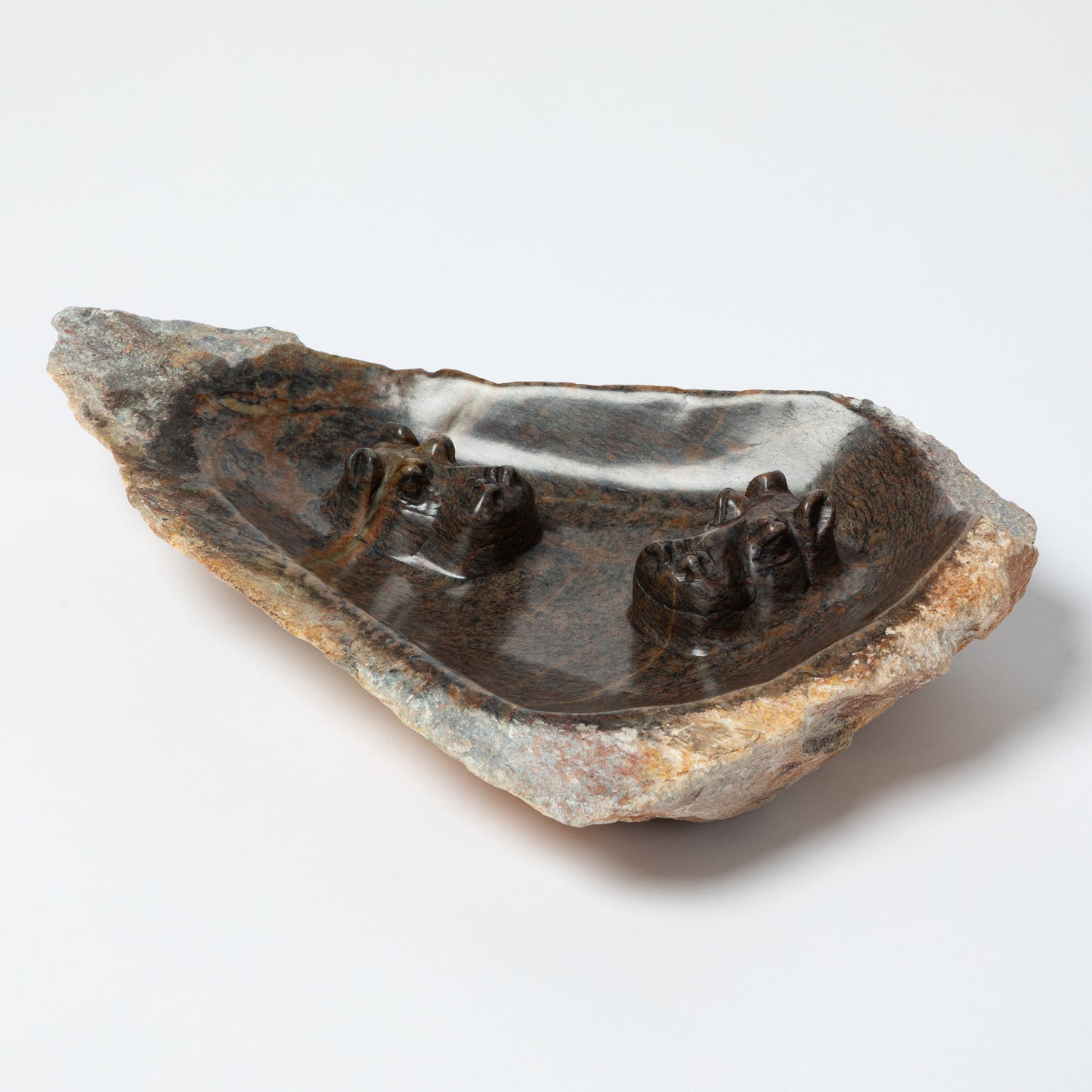 Hand-Carved Serpentine Stone Animal Birdbath