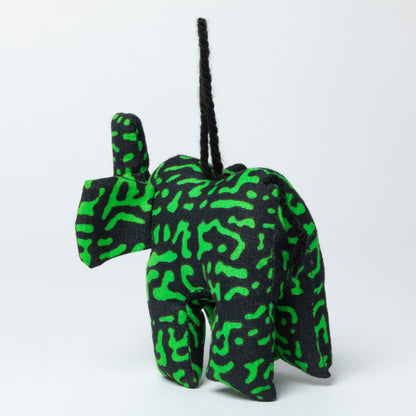 Stuffed elephant ornament with green pattern on a white background