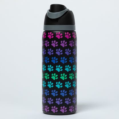 Black water bottle with colorful paw pattern on a white background