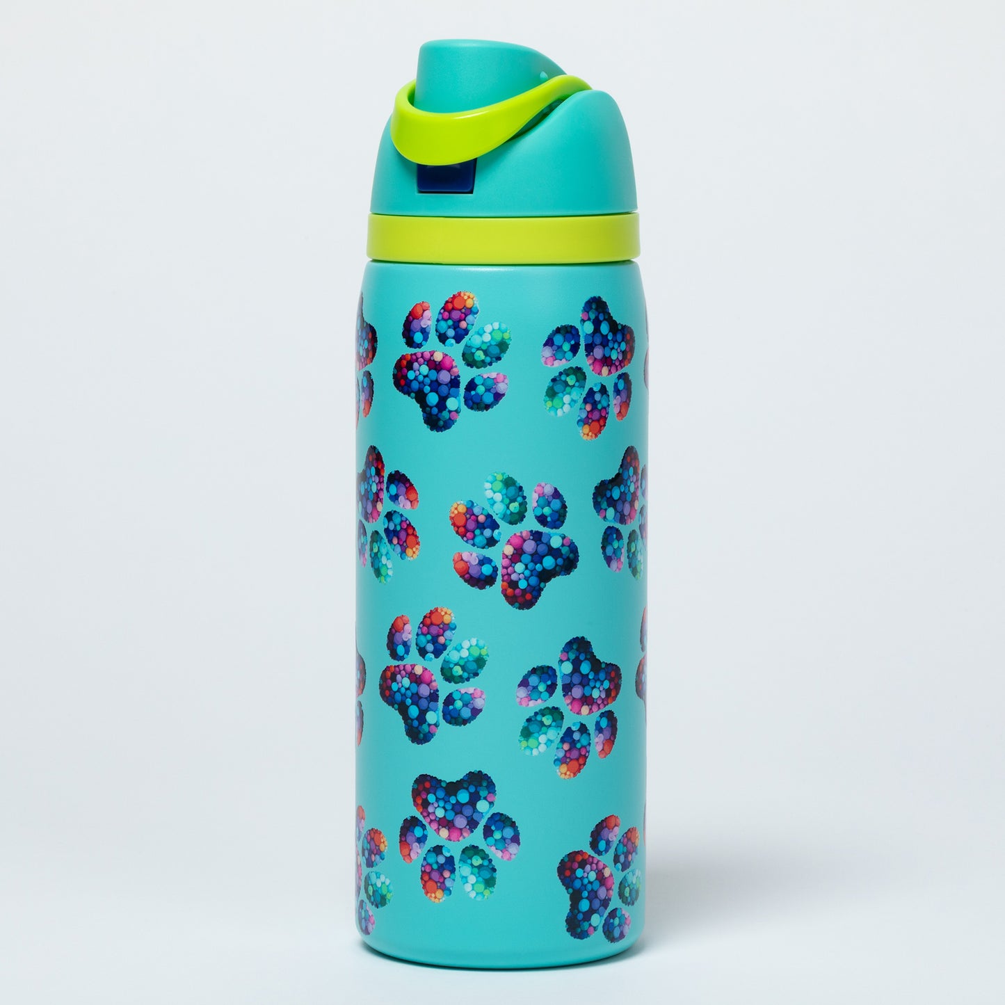 Turquoise water bottle with colorful paw prints and green lid on a light gray background