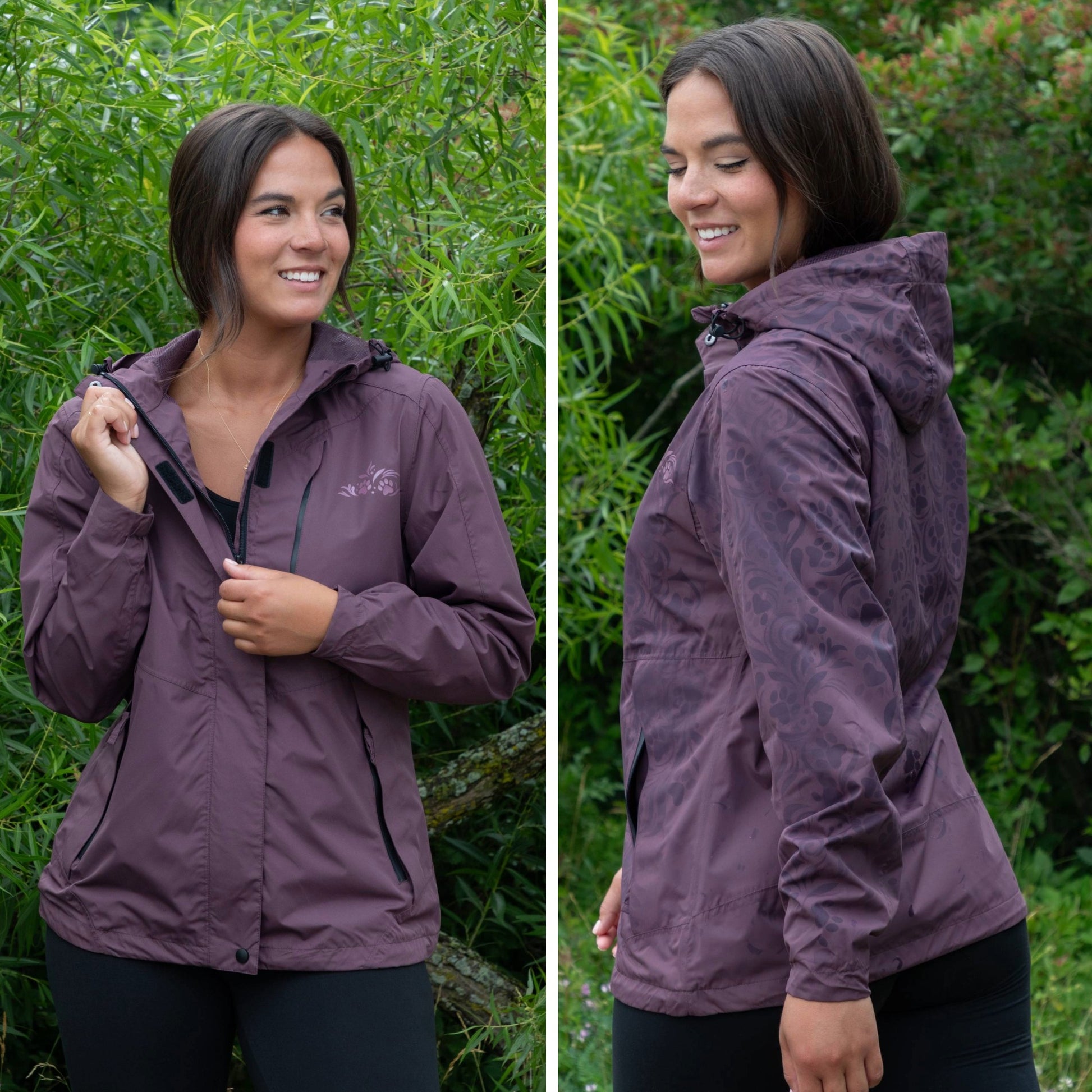 Woman wearing a purple jacket outdoors with greenery in the background