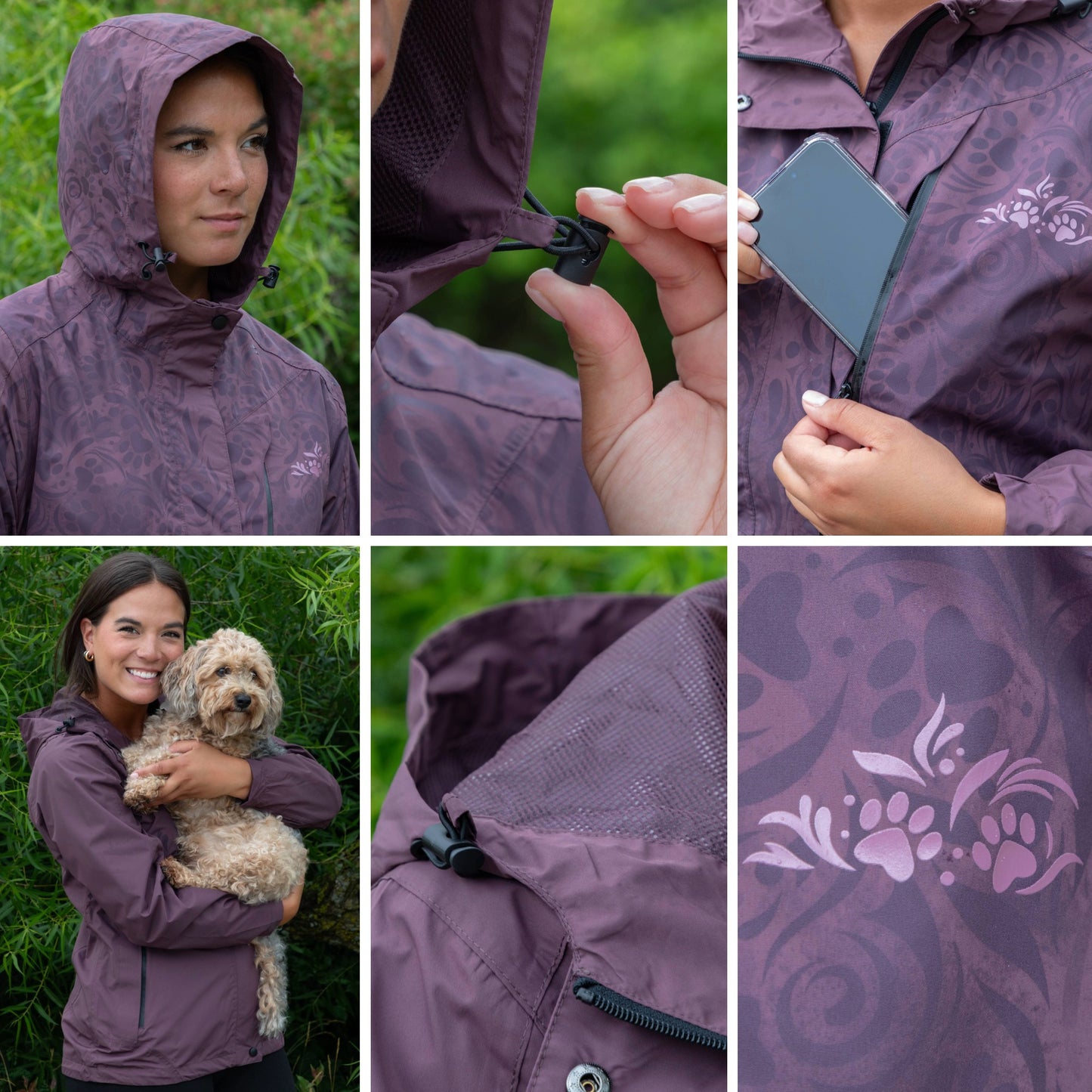 Collage of a person wearing a purple raincoat with various features highlighted.