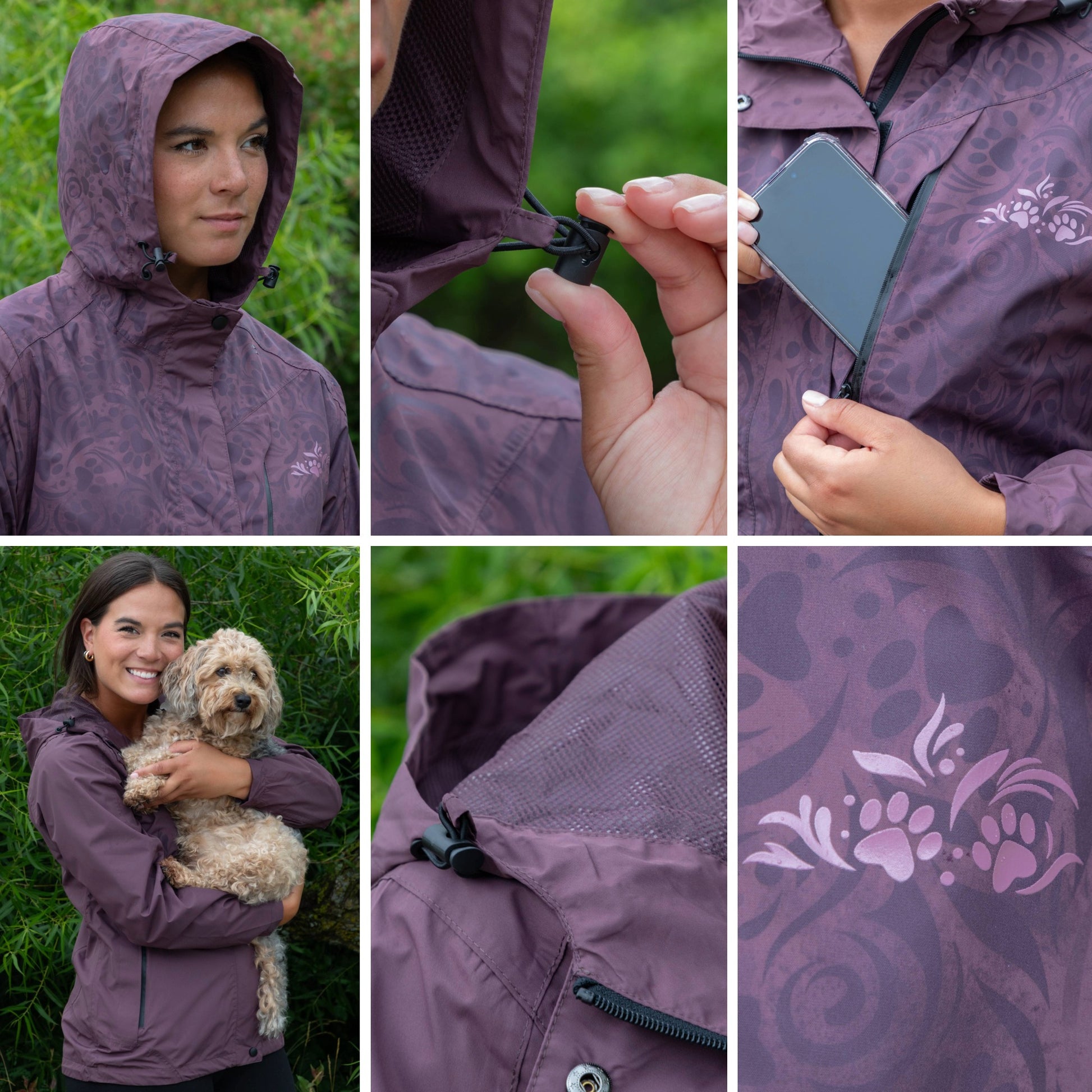 Collage of a person wearing a purple raincoat with various features highlighted.