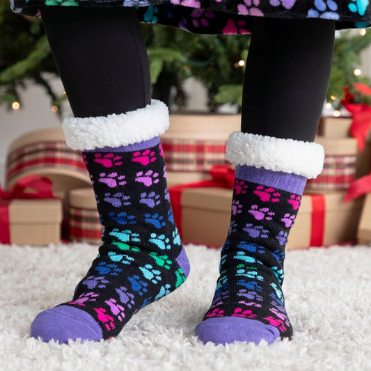 Sherpa Fleece-Lined Paw Print Cabin Slipper Socks
