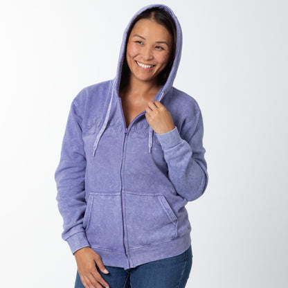 Paw Print Applique Acid Wash Zip Hoodie