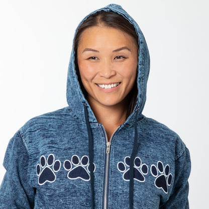 Paw Print Stretch Denim Full Zip Hoodie