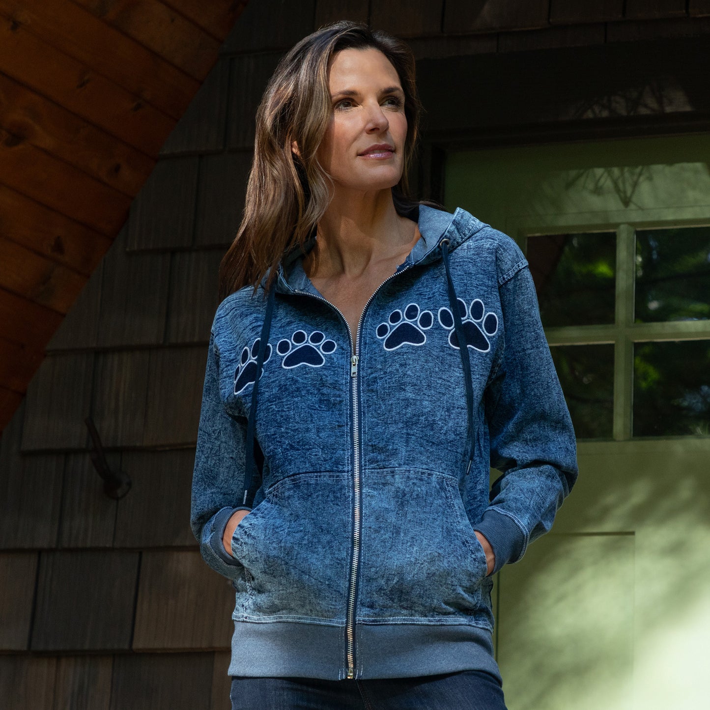 Paw Print Stretch Denim Full Zip Hoodie