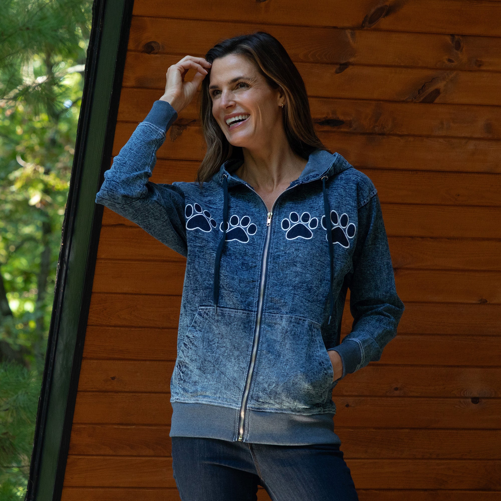 Paw Print Stretch Denim Full Zip Hoodie | The Animal Rescue Site