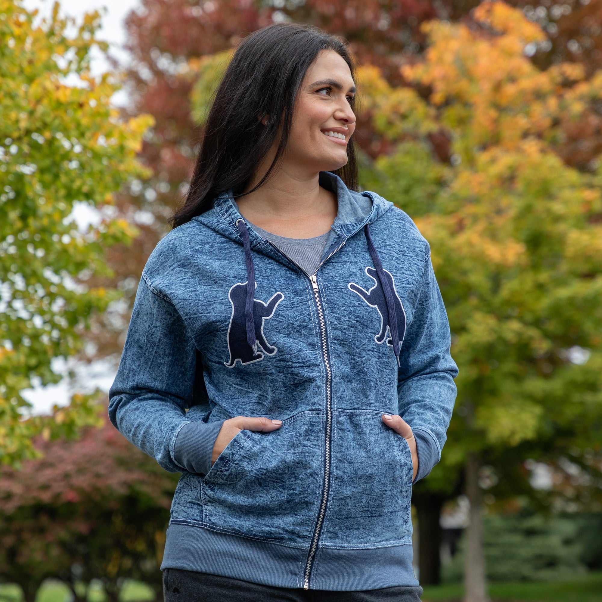 Paw Print Stretch Denim Full Zip Hoodie | The Animal Rescue Site