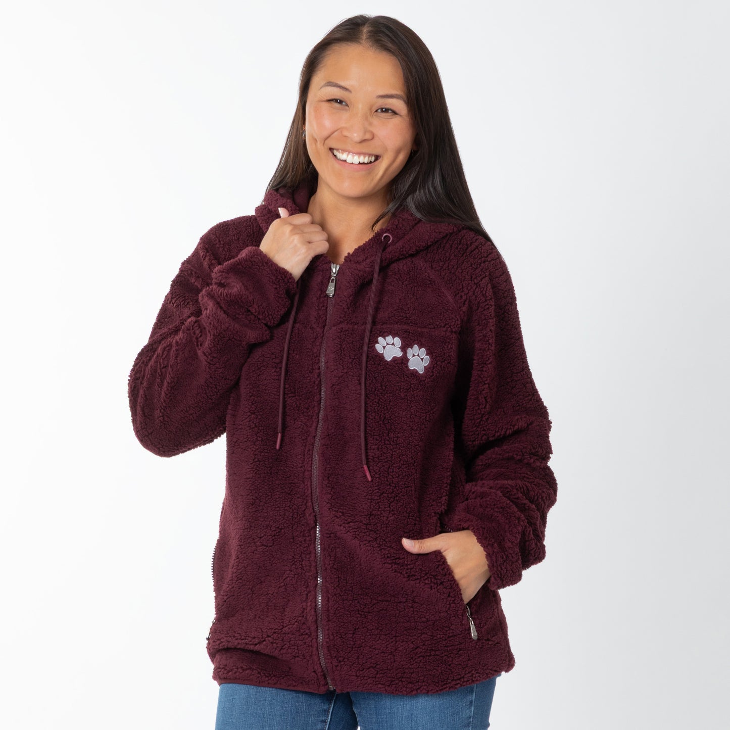 Paw Print Sherpa Full Zip Hooded Jacket with Zippered Side Pockets