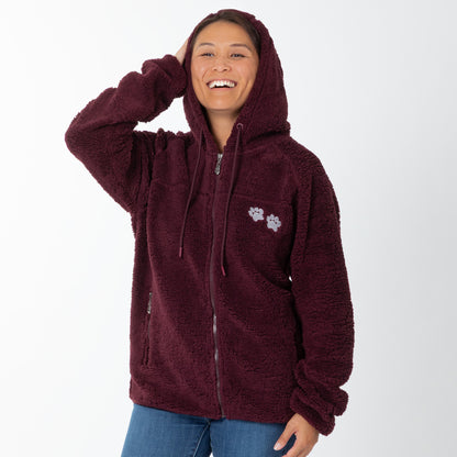 Paw Print Sherpa Full Zip Hooded Jacket with Zippered Side Pockets